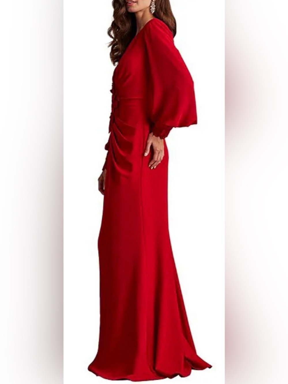 NEW TADASHI SHOJI Sahana Long Bishop Sleeve Plunge Red Gown Sz XL - Picture 3 of 11